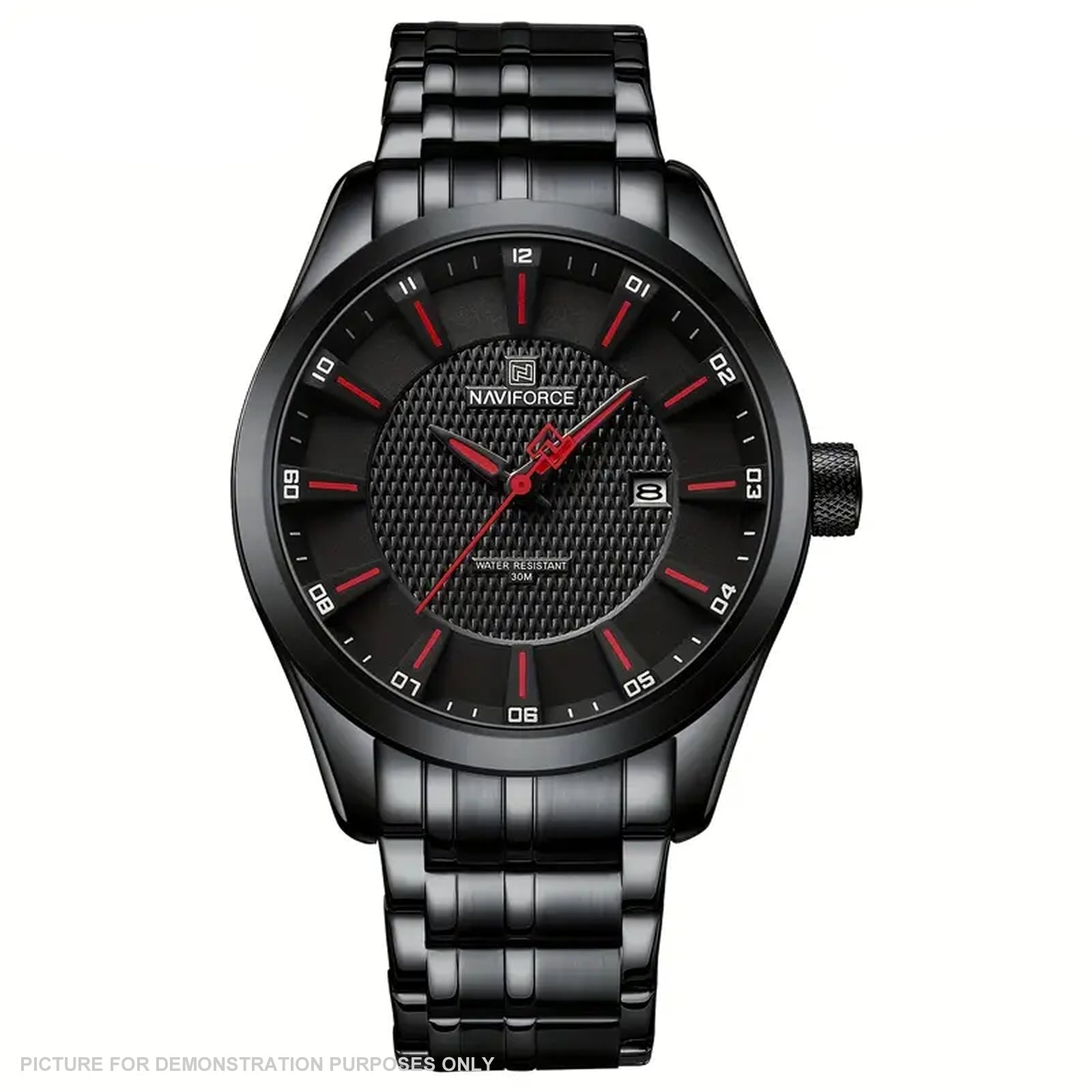 NAVIFORCE NF8032 Sports Watch - Black Stainless Steel with Black Dial and Red Details